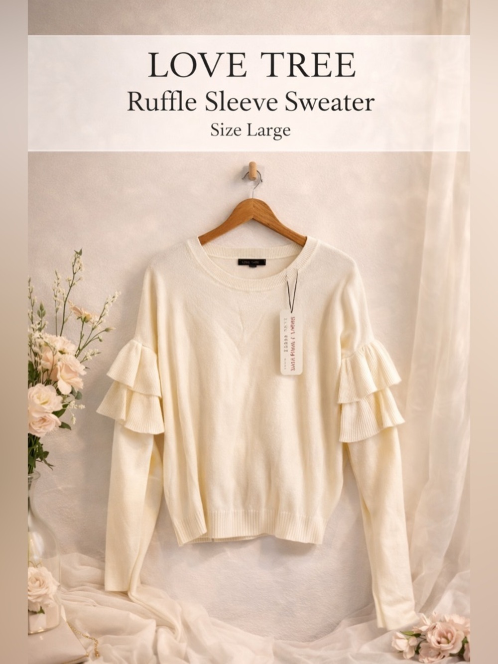 Love Tree Soft & Cozy Yarn Cream Ruffle Sleeve Sweater L